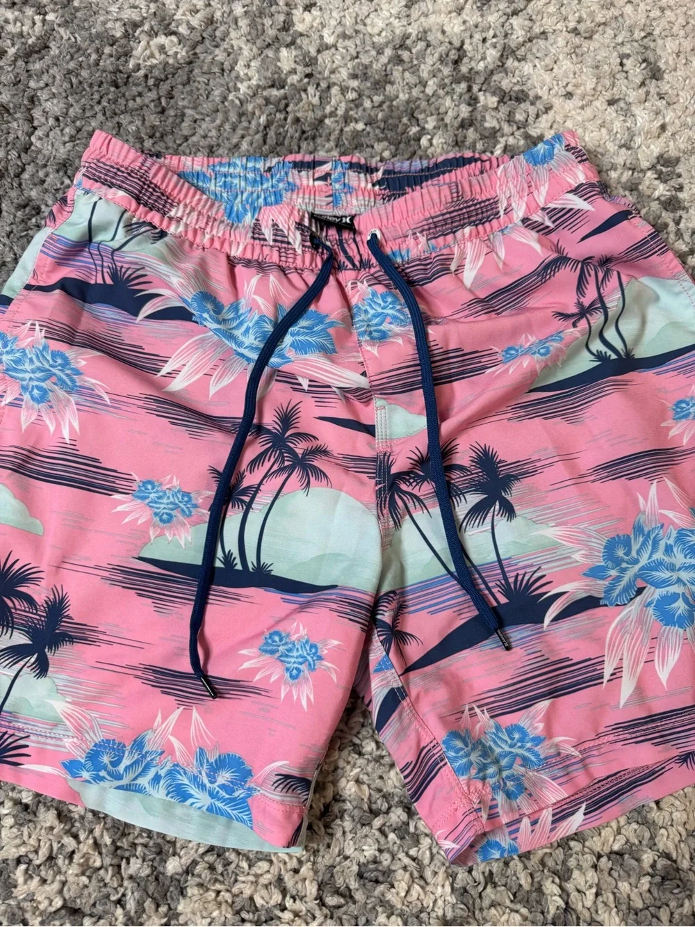 Hurley, Men’s Pink and Blue Tropical Floral Palm Tree Print Swim Shorts, Medium
